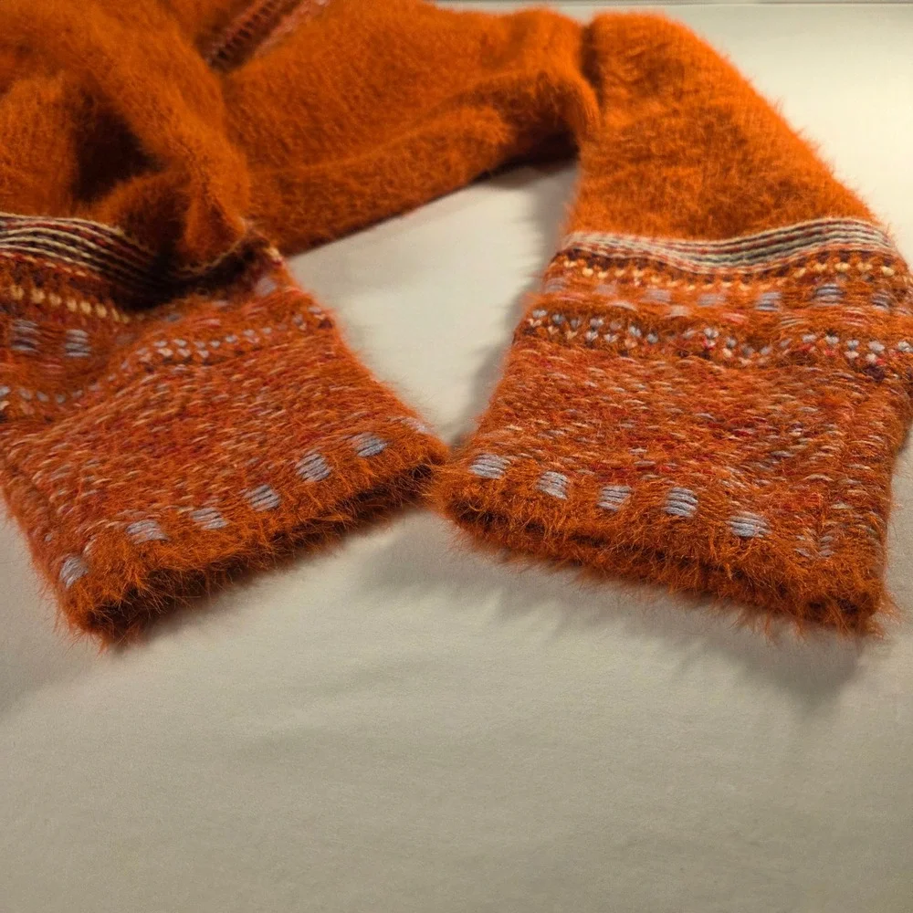 Fuzzy Boho Women's Open Front Long Cardigan Fringe Hem Orange Multi Size XL
